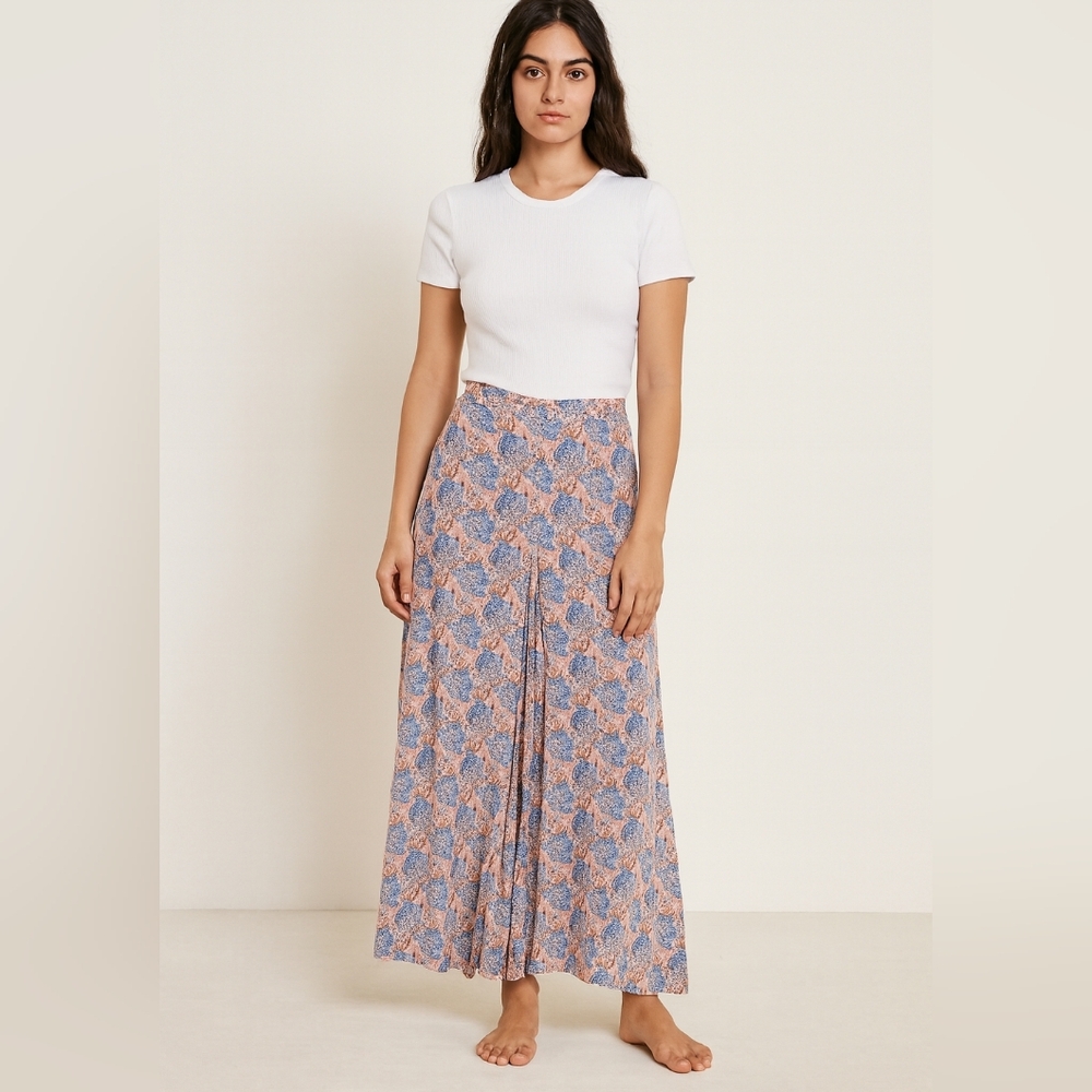 Bobeau Floral Maxi Skirt in Blue and Peach